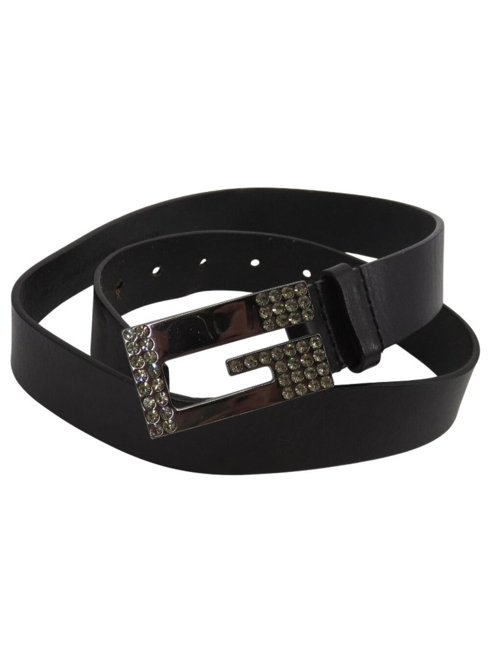 GUESS Men Medium Genuine Leather Gunmetal Rhinestone Bling Buckle Black Belt
